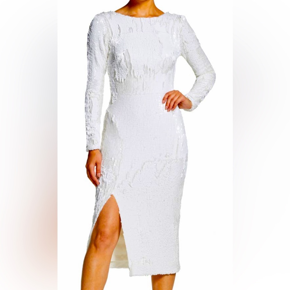Dress the Population Natalie White Scoop back sequence midi knee length dress